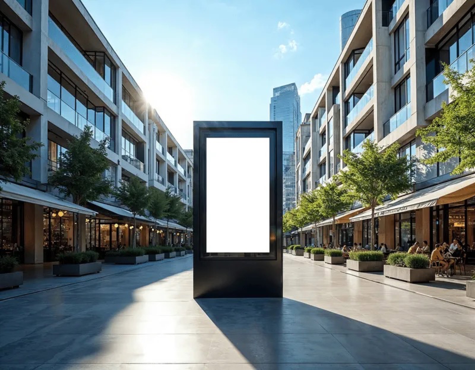 Totem de digital signage em uma calçada urbana