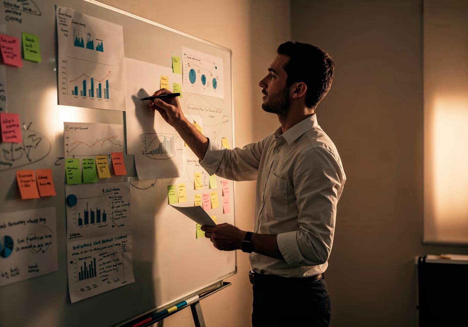 Profissional organizando ideias em post-its na parede de um escritório