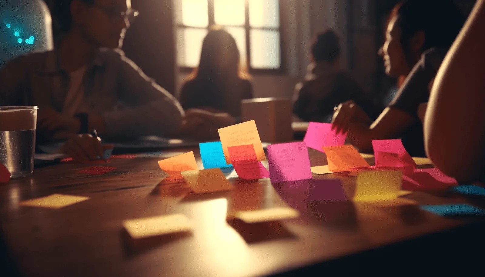 Post-its coloridos sobre uma mesa durante uma sessão de planejamento