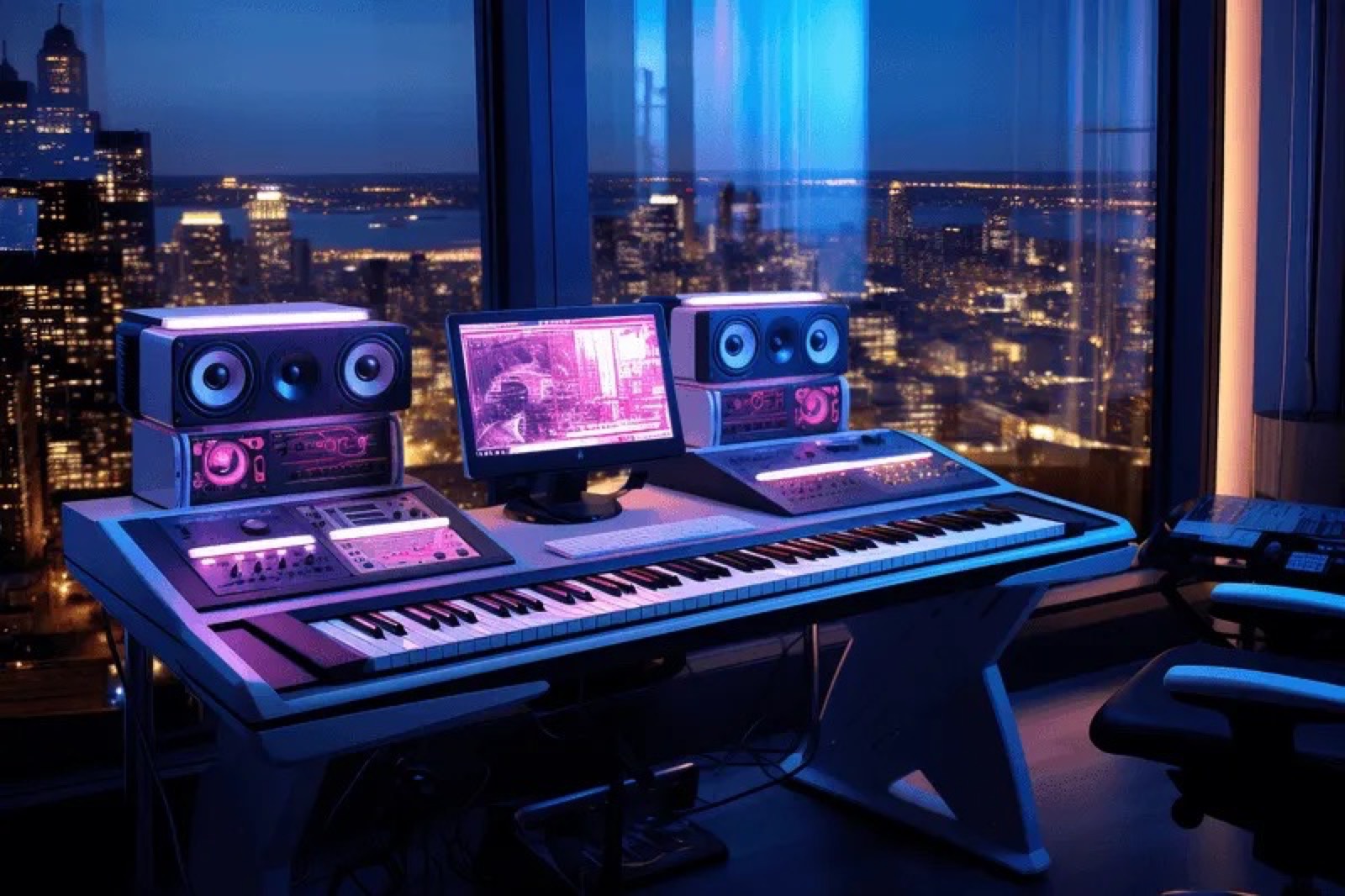 Estúdio com mesa de som, teclado e monitores