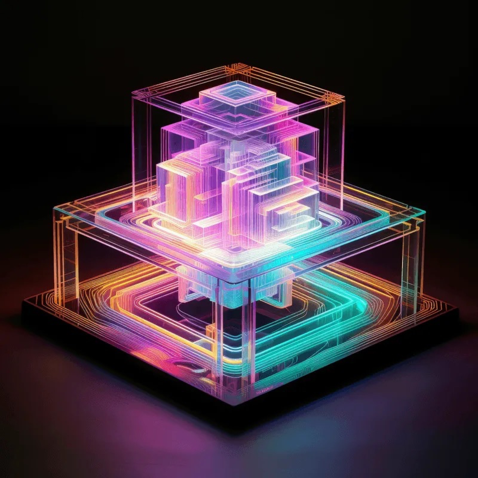 Estrutura 3D luminosa em tons de rosa e azul